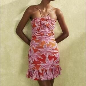 FARM Rio Red Coconut Tree Mini Dress Smocked Ruched Floral Appliqué Size M NWT